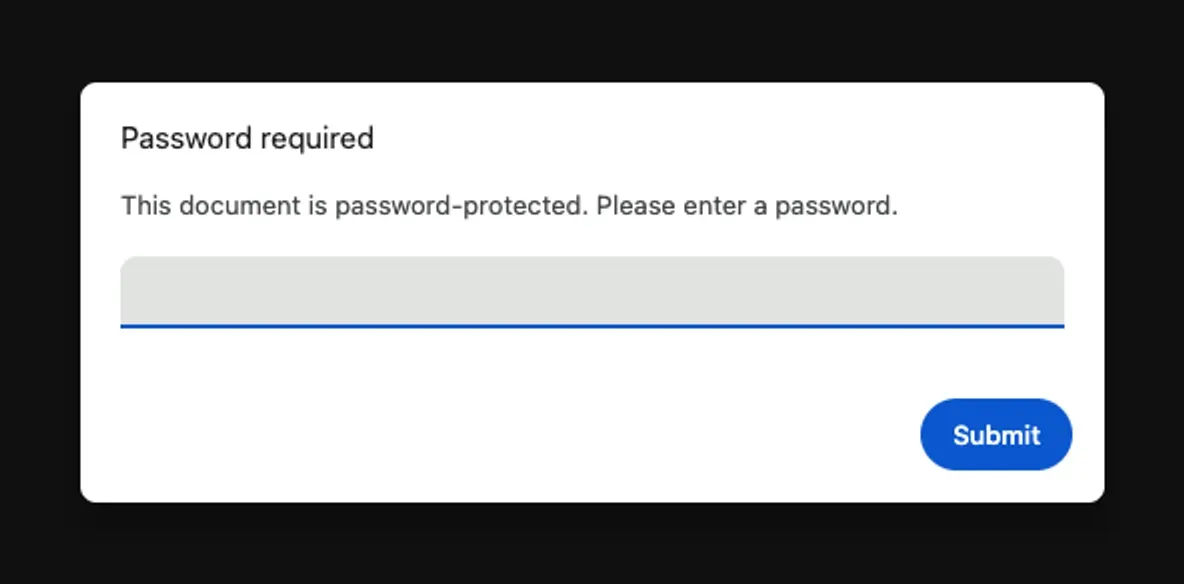 Chrome's PDF viewer showing a "Password required" dialog with an empty password field and a Submit button
