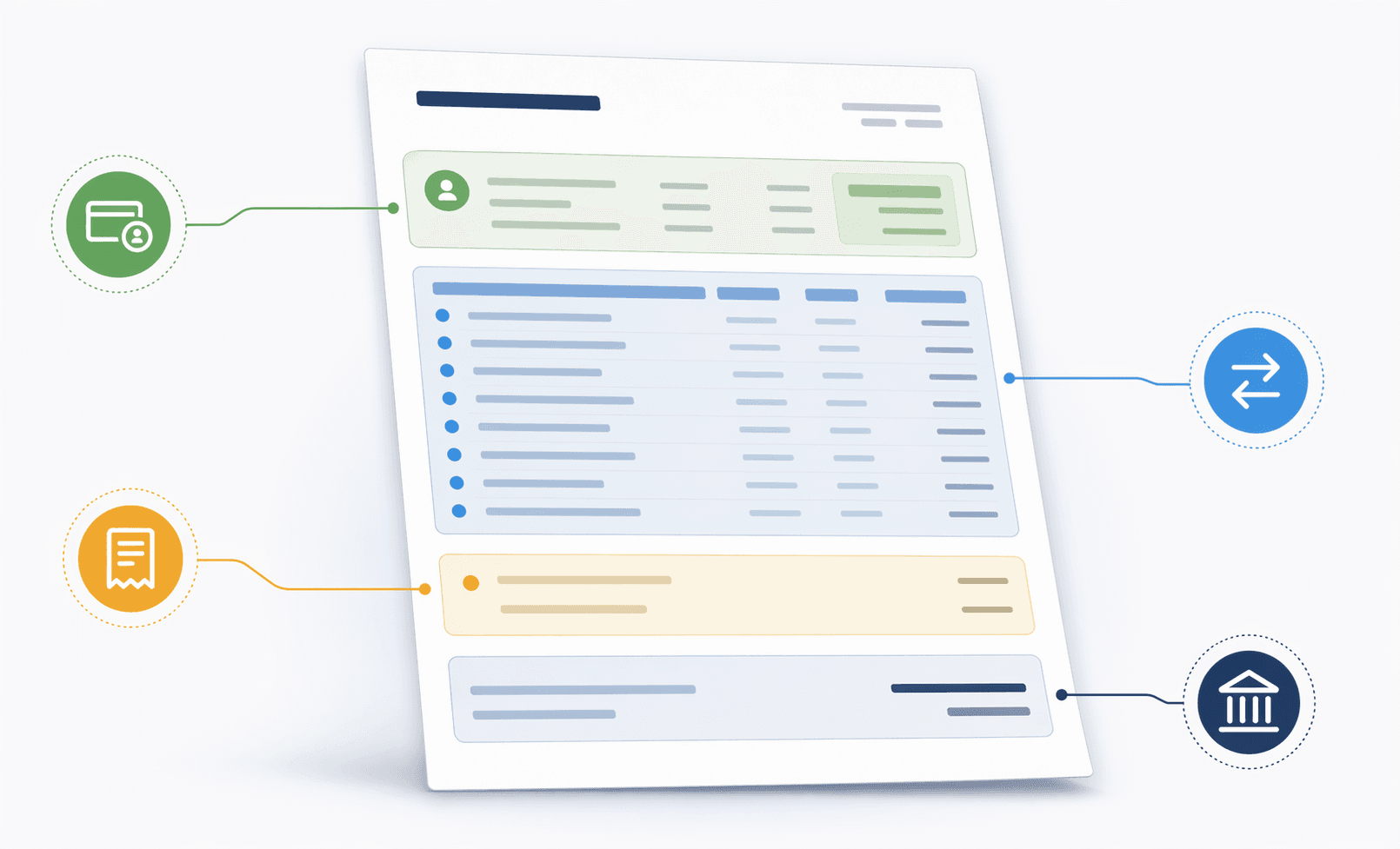 Illustrated bank statement layout with sections emphasized for manual review
