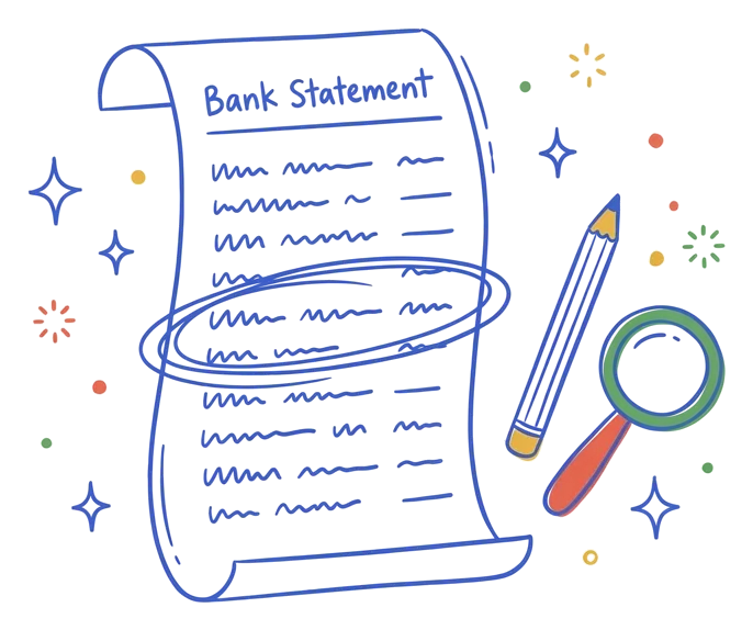 Illustrated bank statement layout with sections emphasized for manual review