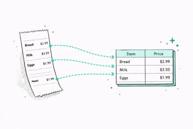 Line items extracted from receipt into spreadsheet cells